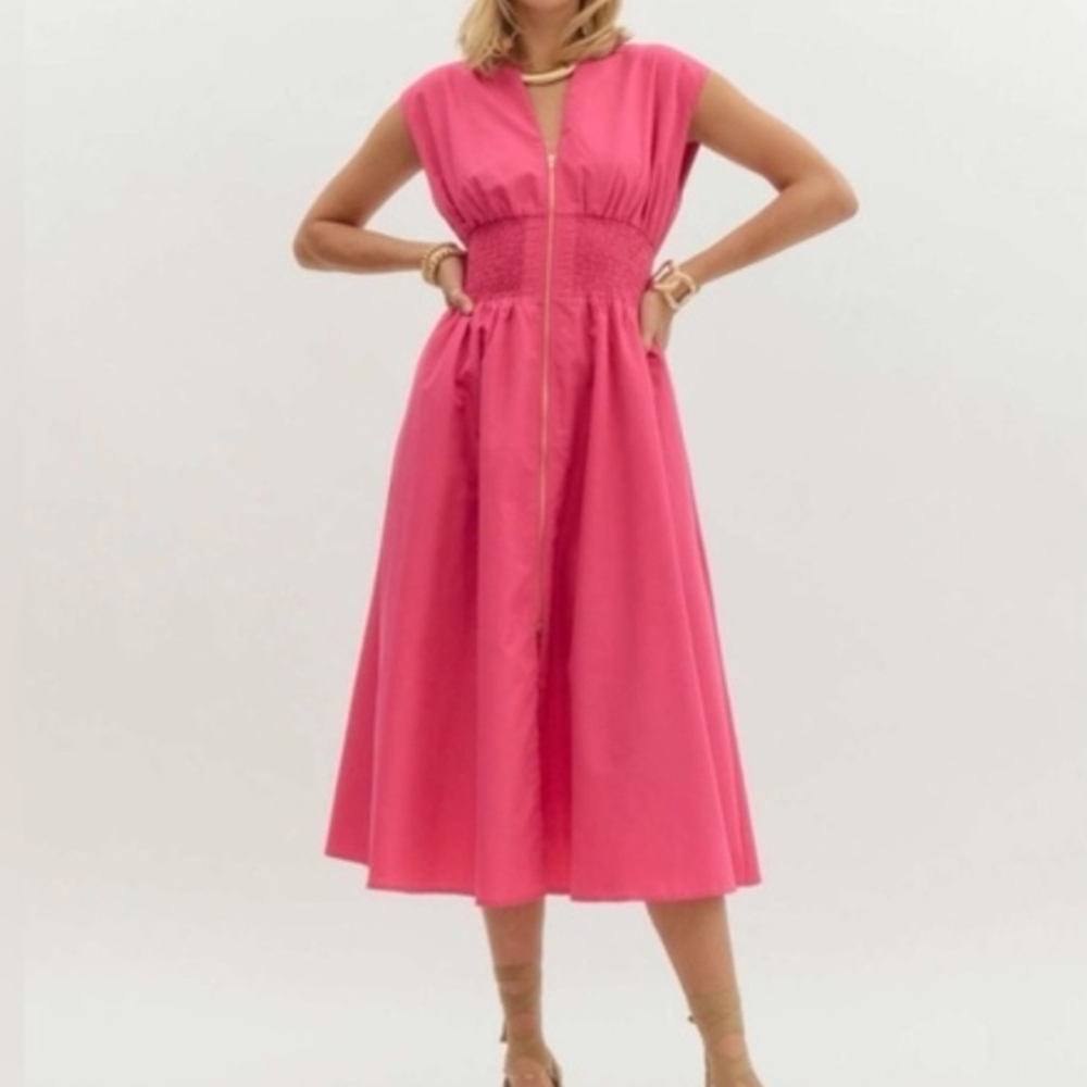 Anthropologie Tommie Pink Midi Dress with Smocked Waist